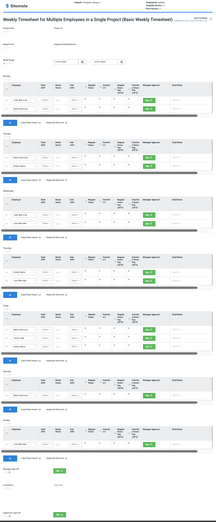 Weekly Timesheet for Multiple Employees in a Single Project (Basic Weekly Timesheet)